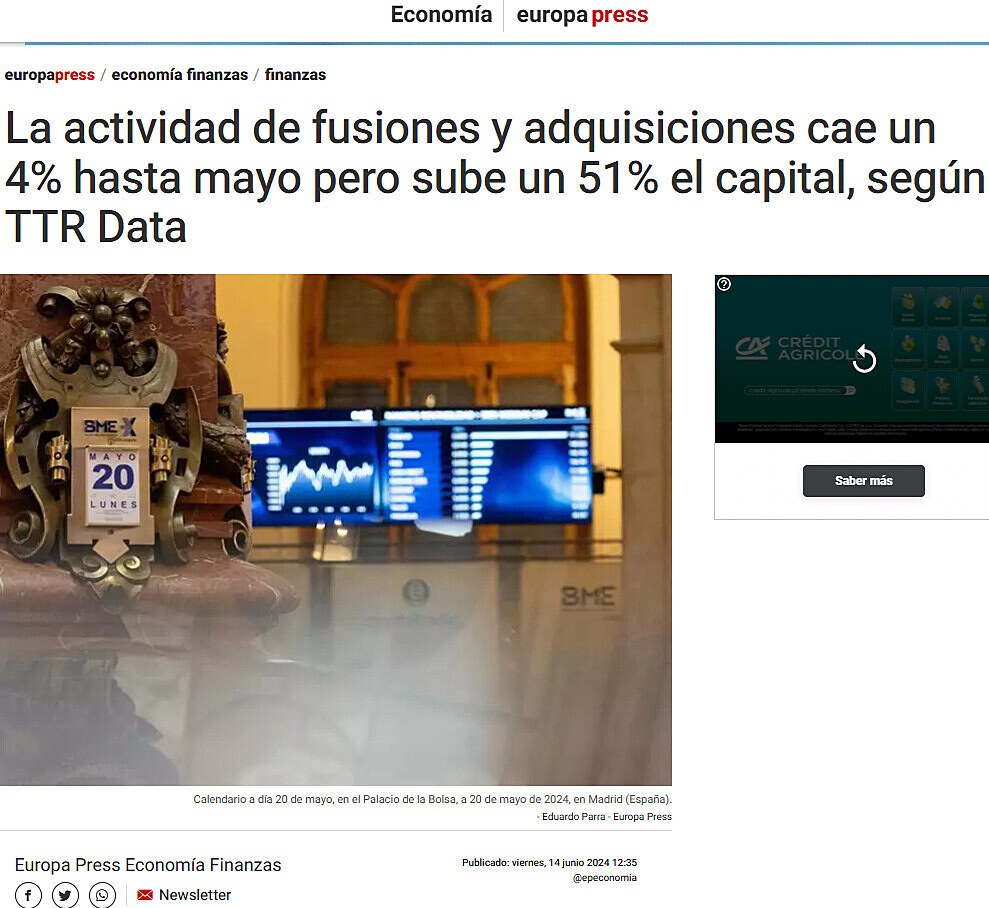 La actividad de fusiones y adquisiciones cae un 4% hasta mayo pero sube un 51% el capital, segn TTR Data